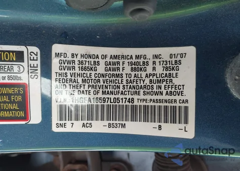 2007 Honda Civic Lx from USA, damaged, VIN 1HGFA16597L051748